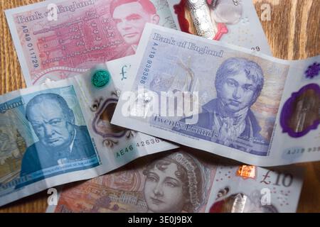 London, UK. 12th March 2026. Current banknotes as the Bank of England unveils plans to replace historical figures with images of wildlife on future notes. Currently, the banknotes feature Winston Churchill, Jane Austen, JMW Turner, and Alan Turing, on 5, 10, 20, and 50 pound notes, respectively. Credit: Vuk Valcic/Alamy Stock Photo