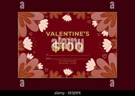 Valentines Day gift card template with elegant floral frame on red background vector illustration. Stock Vector