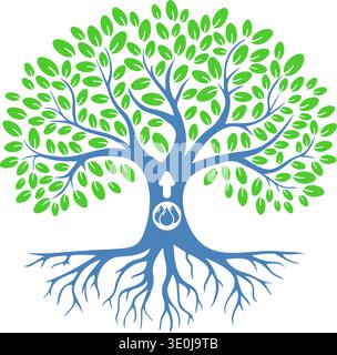 A vibrant blue tree with green leaves and roots absorbing water, symbolizing growth and sustainability Stock Vector