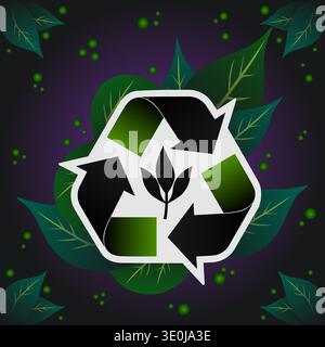 Recycling symbol surrounded by green leaves against a dark background, representing environmental conservation Stock Vector