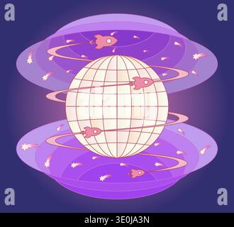 A pink rocketship orbits a globe encircled by purple rings amidst shooting stars against a dark backdrop Stock Vector