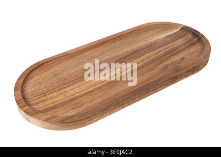 oval acacia wood serving tray isolated on white background perspective view Stock Photo