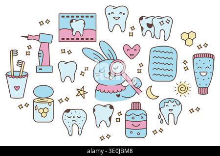 Pediatric dentistry color vector doodle set. Retro kid dental sign collection, child stomatology isolated symbols Stock Vector