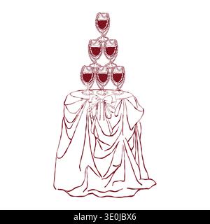 A round table with a tablecloth and a champagne tower decorated with bows. Vintage wedding illustration. Vector outline drawing on a white background with red elements. Stock Vector