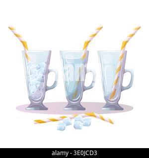 Empty vector cocktail glasses with ice and straws Stock Vector