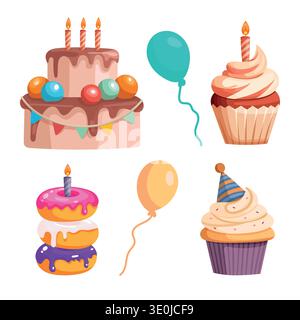 Birthday Party Desserts and Balloons Set. Colorful flat vector illustration featuring cake, cupcakes, donuts and balloons with candles Stock Vector