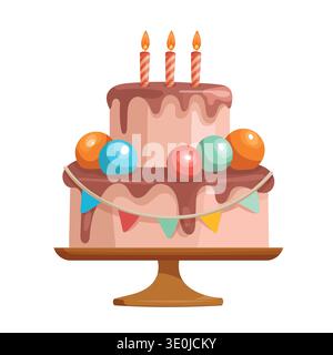 Festive Birthday Cake with Candles and Colorful Candy Decorations. Flat vector illustration of a layered chocolate drip cake on a stand Stock Vector