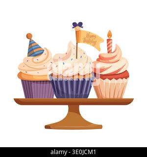 Festive birthday cupcakes on a cake stand with candles and party decorations. Colorful flat vector illustration isolated on white background Stock Vector