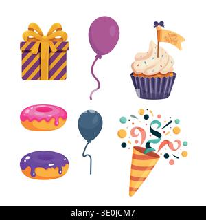Colorful Birthday Party Vector Set with Cupcake, Donuts, Balloons and Gift Box. Bright festive illustration isolated on white background Stock Vector