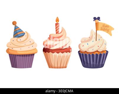 Set of three colorful birthday cupcakes with creamy frosting, party hat, candle and festive flag isolated on white background. Cute flat vector Stock Vector