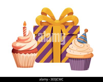 Birthday Celebration Cupcakes with Gift Box. Festive flat vector illustration of colorful cupcakes with candle and party hat beside a striped present Stock Vector