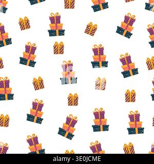Colorful Gift Boxes Seamless Pattern on White Background. Bright festive wrapping presents with bows in flat vector style, perfect for holiday design Stock Vector