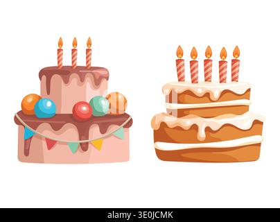 Festive Birthday Cakes with Candles and Colorful Decorations. Cute cartoon style layered celebration cakes isolated on white background, perfect Stock Vector