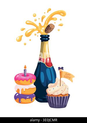 Festive birthday celebration vector with champagne bottle popping cork, colorful donuts with icing, and cupcake with candle and flag. Stock Vector