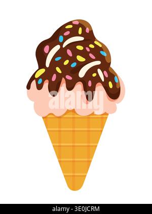 Ice cream in a golden waffle cone. The ice cream is generously coated with chocolate sauce. Colorful sprinkles are sprinkled throughout the chocolate Stock Vector