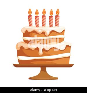 Festive Layered Birthday Cake with Candles on Stand. Colorful Cartoon Style Celebration Dessert Isolated on White Background. Stock Vector