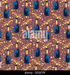Seamless Champagne Bottle Pattern with Popping Corks and Golden Splash. Festive Cartoon Sparkling Wine Background for Celebration, Party Wrapping Stock Vector