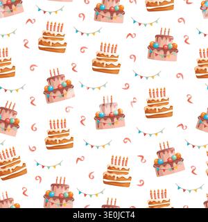 Seamless Birthday Cake Pattern with Candles and Party Bunting. Colorful festive background featuring layered cakes, confetti swirls Stock Vector