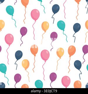 Colorful Birthday Balloon Seamless Pattern on White Background. Bright festive party balloons with ribbons in flat cartoon style Stock Vector