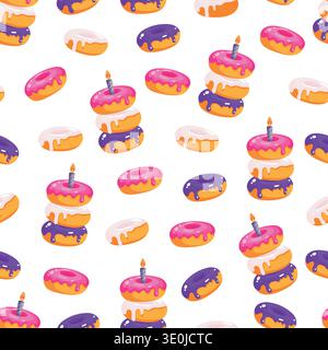 Seamless pattern with colorful glazed donuts and birthday candle in bright cartoon style. Flat vector festive dessert background with pink, purple Stock Vector