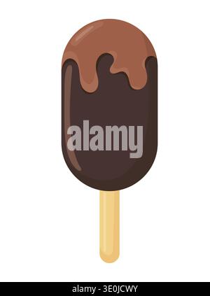 Eskimo ice cream with chocolate glaze on a wooden stick. Flat vector clipart, illustration with isolated background. Stock Vector