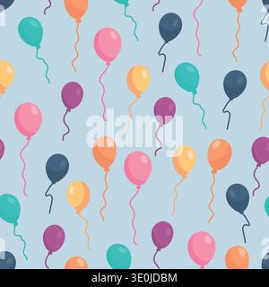 Colorful Birthday Balloon Seamless Pattern on White Background. Bright festive party balloons with ribbons in flat cartoon style Stock Vector