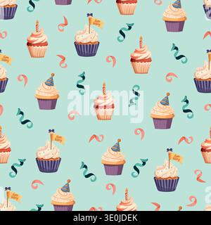Seamless Birthday Cupcake Pattern with Party Hats and Candles. Colorful festive cupcake background with confetti and ribbons in flat vector style Stock Vector