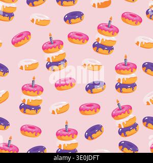 Seamless pattern with colorful glazed donuts and birthday candle in bright cartoon style. Flat vector festive dessert background with pink, purple Stock Vector