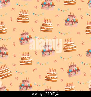 Seamless Birthday Cake Pattern with Candles and Party Bunting. Colorful festive background featuring layered cakes, confetti swirls Stock Vector