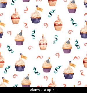 Seamless Birthday Cupcake Pattern with Party Hats and Candles. Colorful festive cupcake background with confetti and ribbons in flat vector style Stock Vector