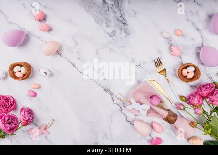 Festive Easter Flat Lay with Roses and Cutlery Stock Photo