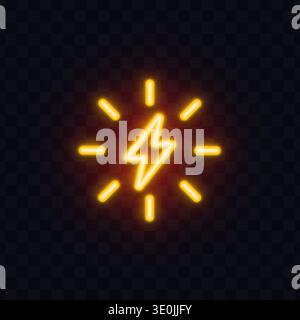 Bright neon lightning symbol with radiant lines around. Electric power icon glowing with warm yellow light on dark transparent background. Ideal for Stock Vector