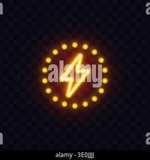 Neon lightning symbol surrounded by glowing dots forming a circle. Bright electric energy sign on dark transparent background. Perfect for power Stock Vector