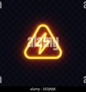 Neon lightning warning sign inside a triangular frame. Bright electric hazard symbol glowing on dark transparent background. Ideal for safety, danger Stock Vector