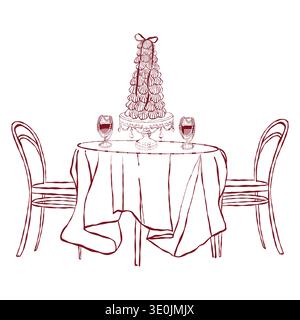 Romantic dinner, elegant table setting, Valentines Day dinner, weddings. Table for two, hand-drawn clip art in red. Vector outline illustration. Stock Vector