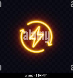Neon lightning symbol surrounded by circular arrows. Glowing energy cycle icon with warm yellow light on dark transparent background. Perfect for Stock Vector