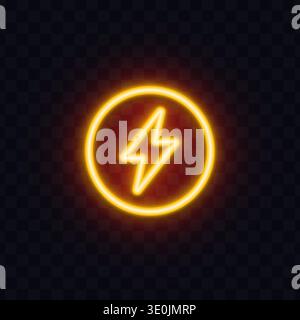 Bright neon lightning symbol inside a glowing circle. Electric energy sign with warm yellow light on dark transparent background. Perfect for power Stock Vector