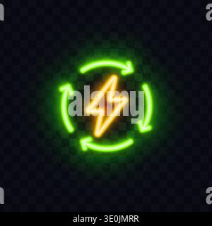 Neon lightning symbol surrounded by circular arrows. Glowing energy cycle icon with bright green and yellow light on dark transparent background Stock Vector