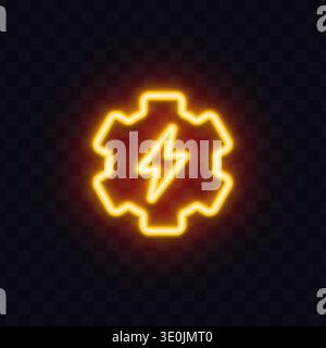 Neon lightning icon inside a glowing gear outline. Electric power symbol with warm yellow light on dark transparent background. Perfect for industry Stock Vector