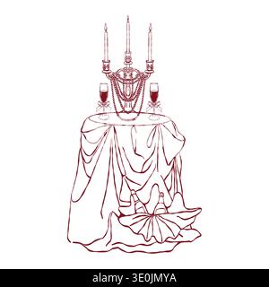 A romantic table with a tablecloth, wine, a shell, a candelabra with candles, and wine glasses. Hand-drawn in red tones. Vector outline illustration for coastal-themed weddings and celebrations. Stock Vector