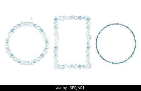 A set of wedding frames with nautical themes. Round and rectangular frames made of shells and pearls. A set of frames for coastal-style design. Vector outline illustration in blue. Stock Vector