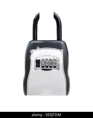 Real estate lockbox with combination keypad isolated on white background. Secure key storage device commonly used by realtors and property agents for Stock Photo