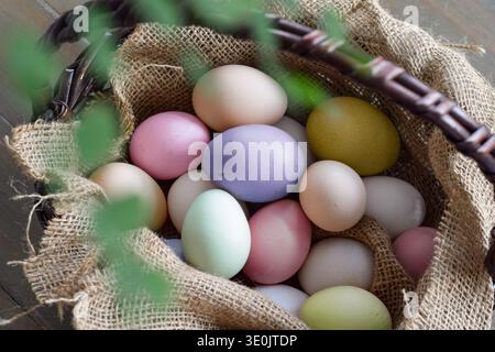 Wicker basket lined with burlap filled with pastel colored Easter eggs. Rustic spring holiday scene with soft natural light and decorative greenery Stock Photo