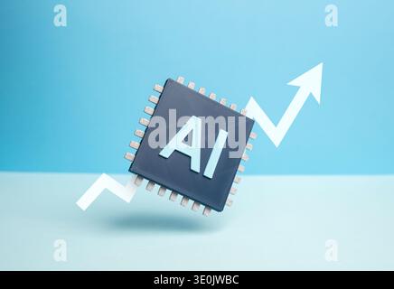 An AI enabled computer chip and an upward arrow. Rapid growth of artificial intelligence technology and semiconductor production. Rising demand for AI Stock Photo