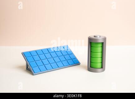 A solar panel charges a battery in an autonomous power system. Renewable energy generation and storage. Sustainable electricity for homes, off grid sy Stock Photo