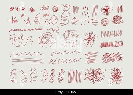 Messy pen scratch abstract hand drawn marks set, red ink scribbles, lines, spirals and chaotic shapes on white background, expressive doodles showing emotion, stress, creativity and artistic concepts Stock Vector