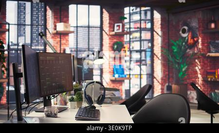 Empty desktop with futuristic software tools shows live AI brain processing on screen. Technology supports deep neural networks, pattern recognition and real time data science applications. Stock Photo