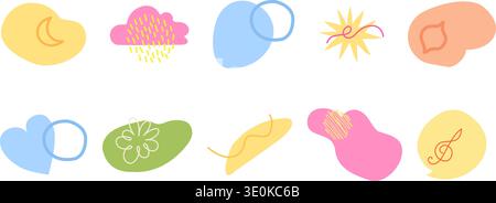 Set of colorful flat abstract shapes. Fun cartoon style with bright pastel tones. Isolated elements. Stock Vector
