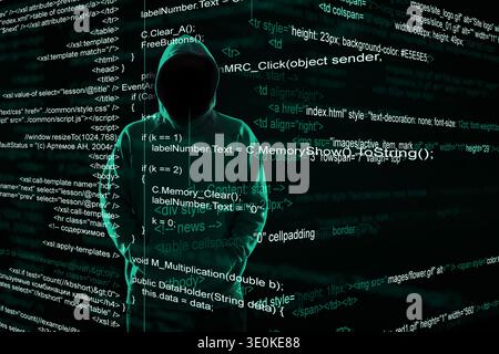 Hacker in hood and different programming codes. Cyber security Stock Photo