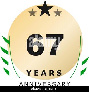 Gold sixty seven years anniversary badge with stars and green laurel wreath illustration Stock Vector